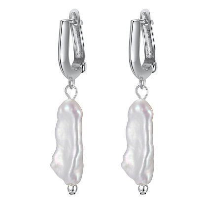 Pendientes de aro de perlas naturales para mujer., 925 aretes colgantes de plata esterlina con sello s925