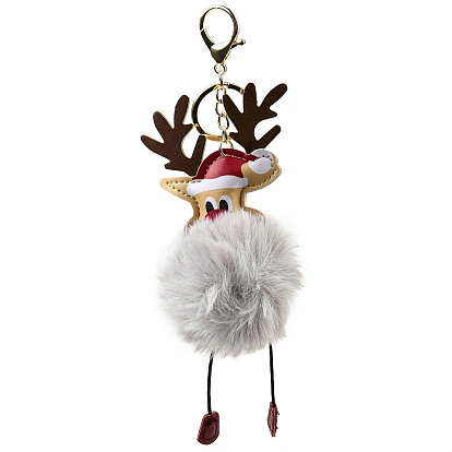 Llavero con colgante de reno navideño de piel de conejo Rex de imitación y cuero de pu, con el corchete de la aleación, para decoración colgante de bolso de coche