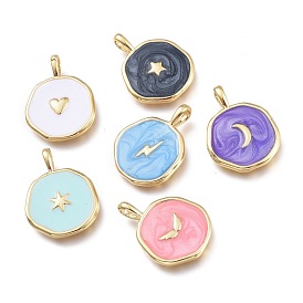 Brass Enamel Pendants, Flat Round with Moon & Star & Heart & Lightning Pattern, Golden