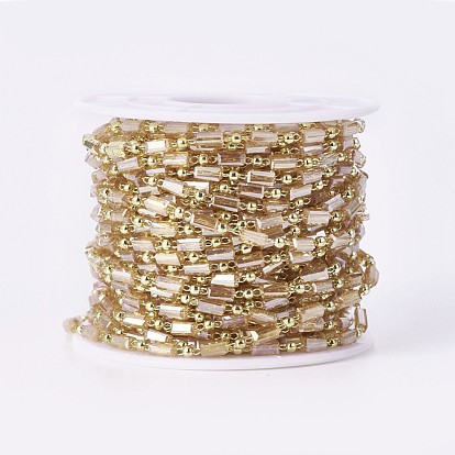 Main chaînes de perles de verre, soudé, avec les accessoires en laiton, avec bobine, plaqué longue durée, cuboïde