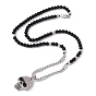 Rhinestone Skull Pendant Necklace with Natural Black Agate Beads, 304 Stainless Steel Gothic Jewelry for Women