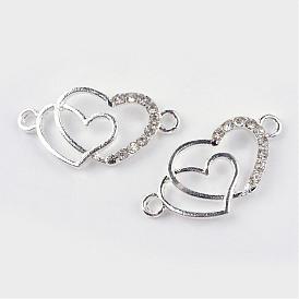 Alloy Rhinestone Links Connectors, Double Heart, 12.5x25x2.5mm, Hole: 1.5mm