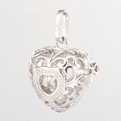 Eco-Friendly Rack Plating Brass Hollow Heart Cage Pendants, For Chime Ball Pendant Necklaces Making, Cadmium Free & Nickel Free & Lead Free, 27x27x20mm, Hole: 9x4mm