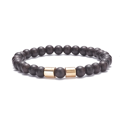 Bracelet extensible en perles rondes en bois naturel avec hématite synthétique pour hommes femmes