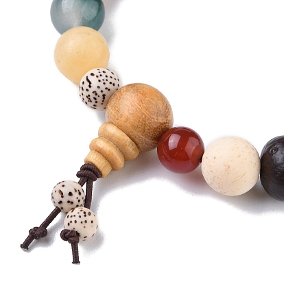 Natural Mixed Gemstone Round Beaded Stretch Bracelet, Wood Gourd Mala Bead Bracelet for Women