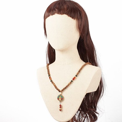 Buddhist Necklace, Flat Round with Guan Yin Pendant Necklace, Mixed Gemstone Jewelry for Women