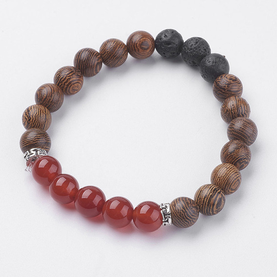 Natural Lava Rock Beads Stretch Bracelets, with Wenge Wood Beads, Carnelian, Coconut and Alloy Finding