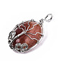 Natural Agate Pendants, with Platinum Tone Brass Wire Wrapped Pendants, Dyed, Oval