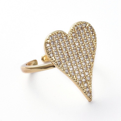 Adjustable Brass Cuff Finger Rings, with Micro Pave Cubic Zirconia, Heart