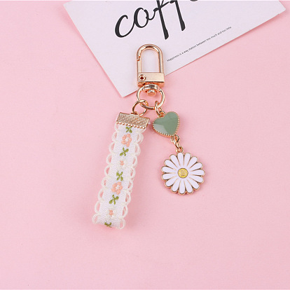 Fashion Flower Alloy Enamel Keychain, Lanyard Lace Ribbon Cute Daisy Pendant Keychain, with Alloy Findings