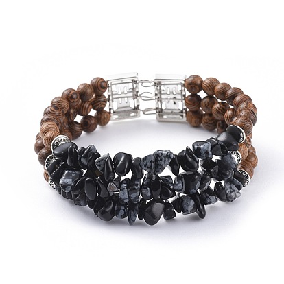 Trois boucles de bracelets en perles de copeaux de pierres précieuses, avec des perles en bois  , conclusions d'alliage et fil de mémoire de bracelet en acier