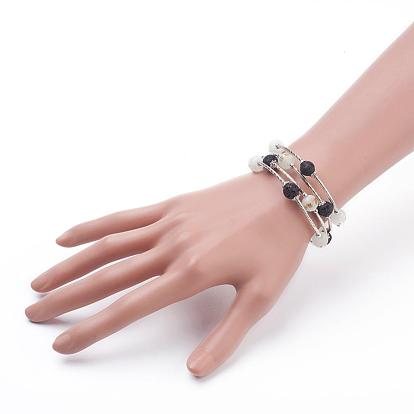 Electroplate Glass Bead Wrap Bracelets, 4-Loop, with Natural Lava Rock Beads, Zinc Alloy Bead Caps and Brass Tube Beads