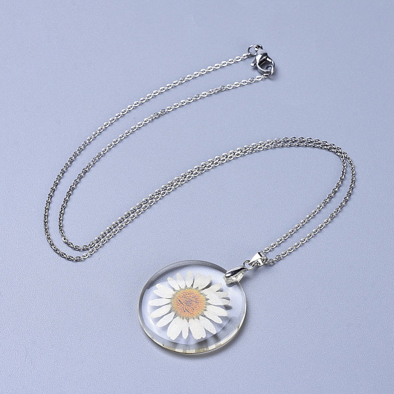 Alloy Resin Dried Flower Pendant Necklaces, with 304 Stainless Steel Cable Chains and Lobster Claw Clasps, Stainless Steel Color
