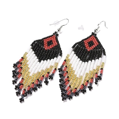 Losange tressé en graines de verre avec boucles d'oreilles lustre à pampilles, Boucles d'oreilles pendantes en fil de laiton bohème pour femme