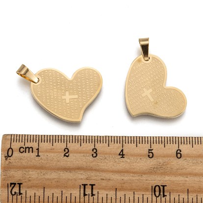 304 Stainless Steel Heart Lord's Prayer Cross Pendants, 26x20x2.5mm, Hole: 4.5x5.5mm