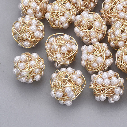 Perles de fil de laiton, avec abs en plastique imitation perle, sans nickel, réel 18 k plaqué or