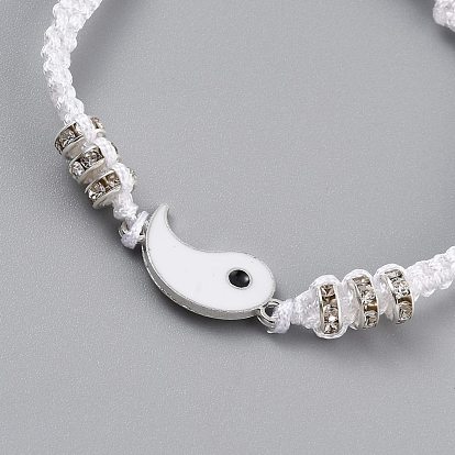 Nylon ajustable pulseras de cuentas trenzado del cordón, con eslabones de chismes / yin yang de esmalte de aleación y cuentas espaciadoras de diamantes de imitación de aleación, blanco