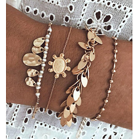 Boho Turtle Bracelet Set with Leaf and Pearl Charms - 4 Piece Alloy Jewelry Collection