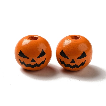 Printed Black Jack O Lantern Round Wood European Beads, Large Hole Halloween Pumpkin Beads