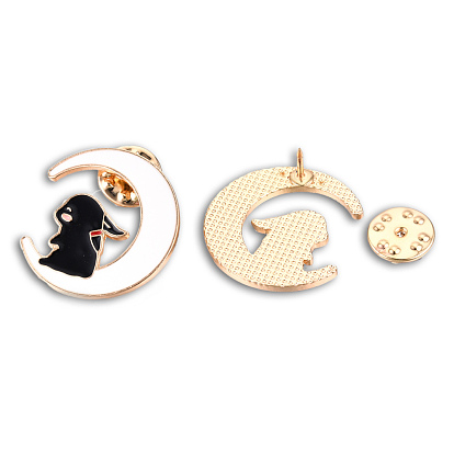 Moon with Rabbit Shape Enamel Pin, Light Gold Plated Alloy Cartoon Badge for Backpack Clothes, Nickel Free & Lead Free
