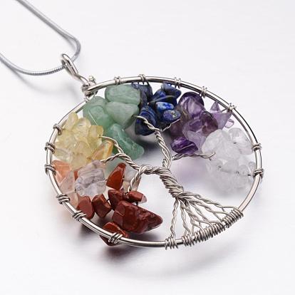 Tree of Life Mixed Stone Big Pendants Necklaces, with Brass Snake Chain