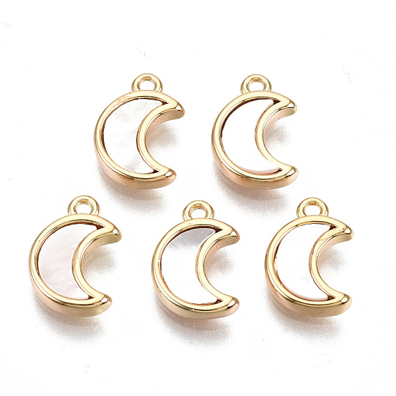 Natural Sea Shell Charms, with Brass Loops, Nickel Free, Moon