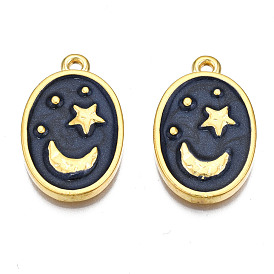 Alloy Pendants, with Enamel, Cadmium Free & Lead Free, Light Gold, Oval with Moon & Star