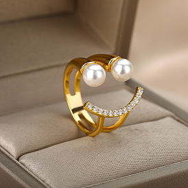 Adjustable Ring with Smiling Wind Design, Fashion Zircon Pearl Jewelry for Women