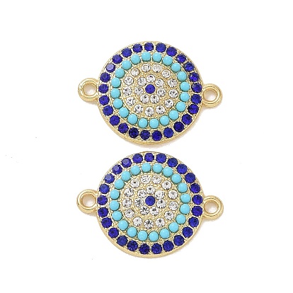 Rack Plating Alloy Rhinestone Connector Charms, with Resin, Flat Round Links, Golden