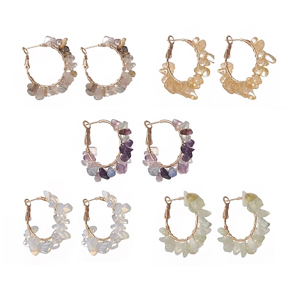 Natural Gemstone Chips Beaded Hoop Earrings, Golden Tone Brass Wire Wrap Jewelry for Women