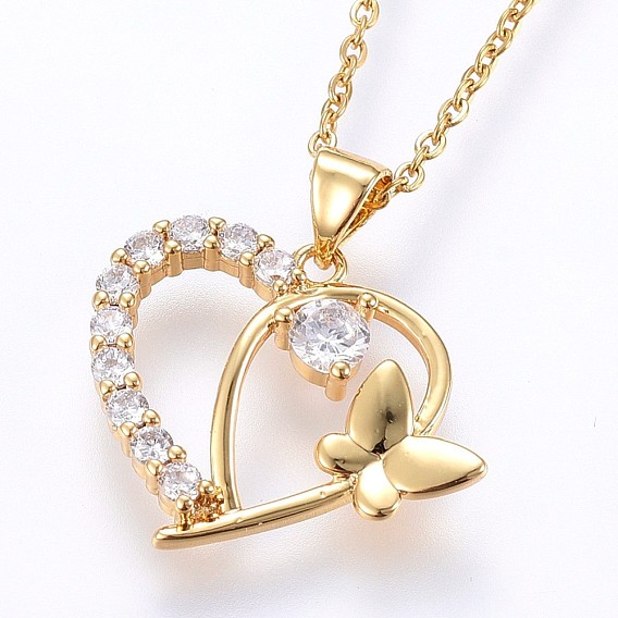 304 Stainless Steel Pendant Necklaces, with Cubic Zirconia, Heart with Butterfly