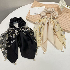 Flower Pattern Polyester Elastic Hair Accessories, for Girls or Women, with Plastic Imitation Pearl Bead, Scrunchie/Scrunchy Hair Ties with Long Tail, Knotted Bow Hair Scarf