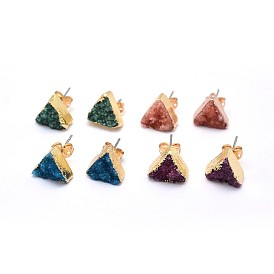 Natural Druzy Quartz Crystal Stud Earring, with Brass Findings, Triangle
