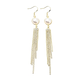 Boucles d'oreilles pendantes en résine imitation perle avec strass en cristal, Boucles d'oreilles pendantes en laiton à long pompon pour femme