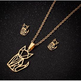 Stainless Steel Hollow Fox Pendant Necklace Earrings Set, Fashionable and Cute Animal Jewelry for Women