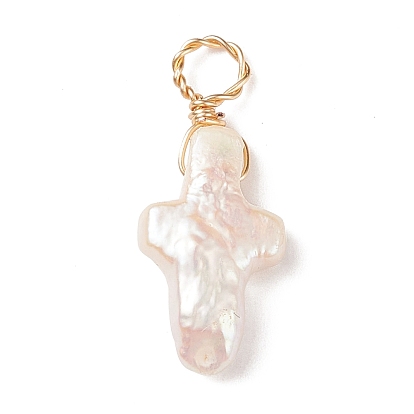 Natural Keshi Pearl Pendants, Religion Cross Charm, Cultured Freshwater Pearl, with Light Gold Tone Copper Wire Wrapped