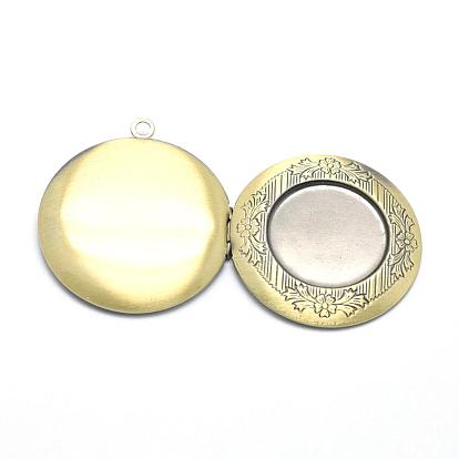 Brass Locket Pendants, Photo Frame Charms for Necklaces, Cadmium Free & Nickel Free & Lead Free, Flat Round