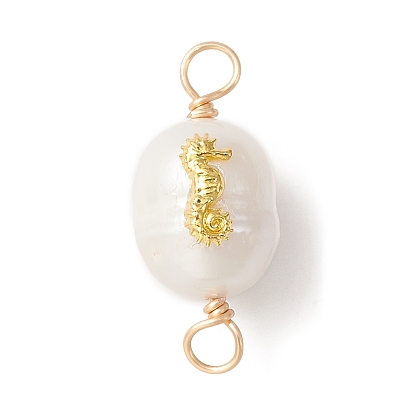 Dijes de conector envueltos en alambre de cobre con perlas naturales de agua dulce, Lins ovalados con rodaja de caballito de mar de aleación.