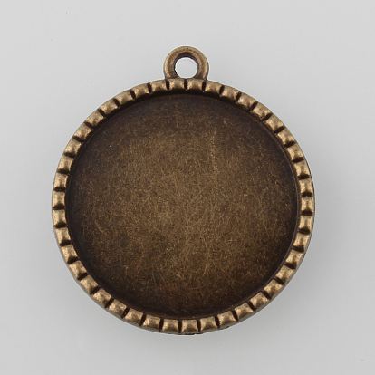 Tibetan Style Antique Bronze Alloy Flat Round Pendant Cabochon Settings, Cadmium Free & Nickel Free & Lead Free, Tray: 25mm, 32.5x29x2.5mm, Hole: 2mm, about 190pcs/1000g