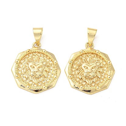 Brass Pendants, Flat Round with Lion Head Charms