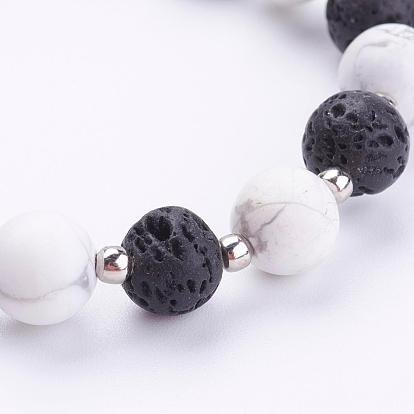 Frosted Gemstone Beads Stretch Bracelets, with Iron Beads and Natural Lava Rock Beads, Platinum
