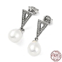 Triangle de zircone cubique avec boucles d'oreilles pendantes en perles naturelles, 925 boucles d'oreilles en argent sterling pour femmes