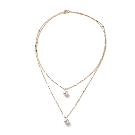 Brass Link Chain Double Layer Necklaces, Round Shell Pearl Pendant Necklaces for Women
