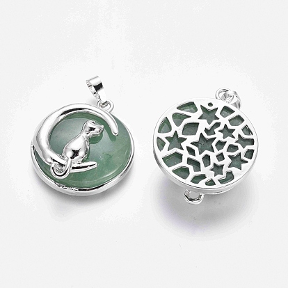 Pendentifs chaton pierres précieuses, avec les accessoires en laiton de tonalité de platine, plat rond avec forme de chat et croissant de lune