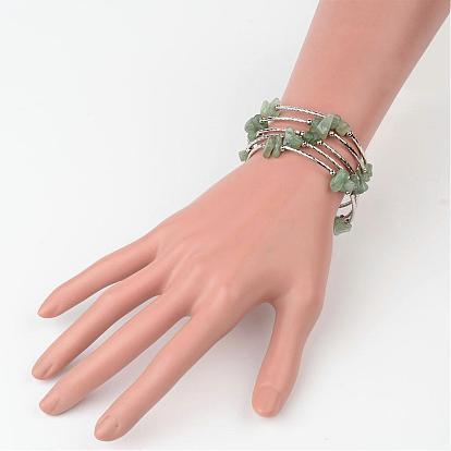 5-Loop Natural Green Aventurine Chip Beaded Wrap Bracelets, with Steel Bracelet Memory Wire, Brass Tube Beads and Iron Spacer Beads, 52mm