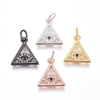 Brass Micro Pave Cubic Zirconia Pendants, with Jump Ring, Triangle with Evil Eye