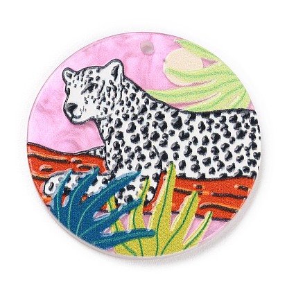 Acrylic Pendants, Flat Round with Leopard Pattern