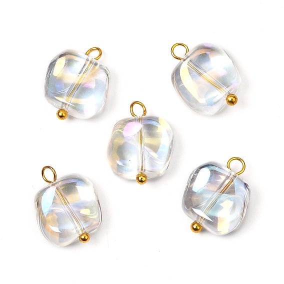 Electroplate Glass Pendants, with Brass Ball Head pins, Square