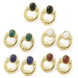 Real 18K Gold Plated 304 Stainless Steel Oval Stud Earrings, with Natural & Synthetic Mixed Stone