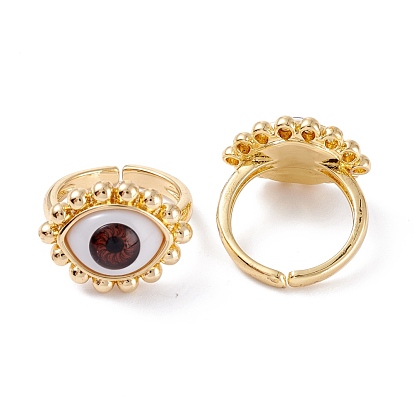 Brass Cuff Rings, Open Rings, with Resin Beads, Long-Lasting Plated, Real 18K Gold Plated, Evil Eye